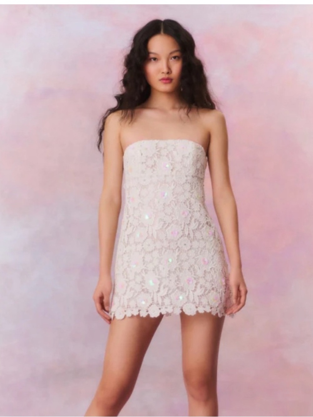 Loveshackfancy  Paulinette sequin        Strapless Lace Mini Dress